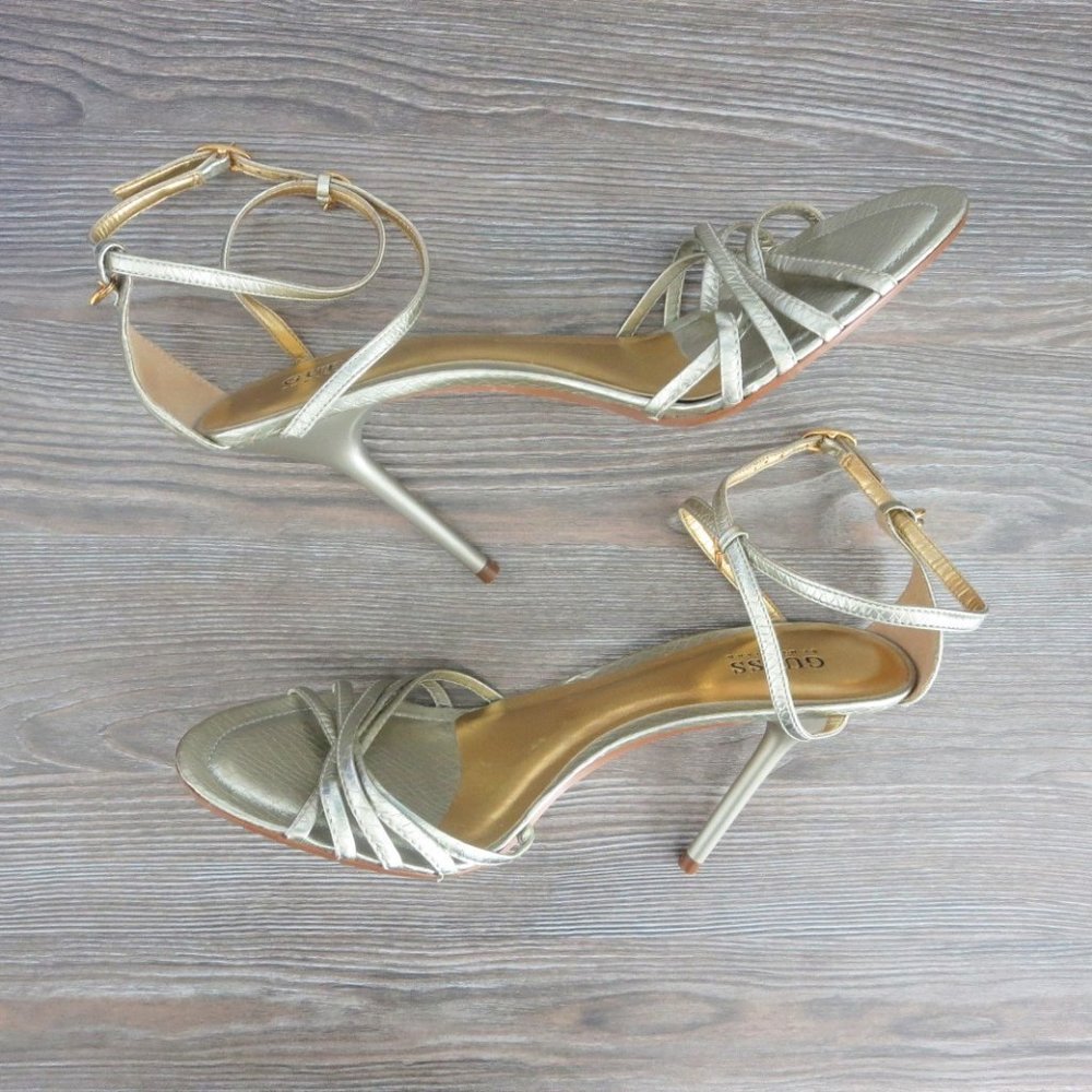 GUESS TINA Silver Reptile Strappy High Heel Sandals 8.5  Gold Charms